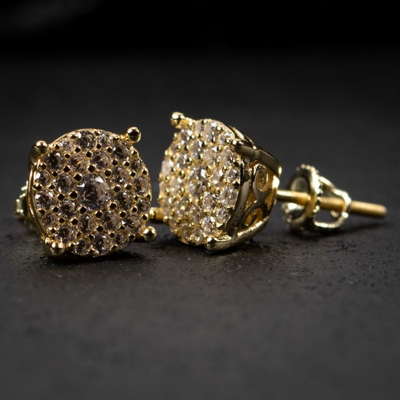 Mens 14K Gold Round Circle Cluster Earrings - Picture 3 of 5